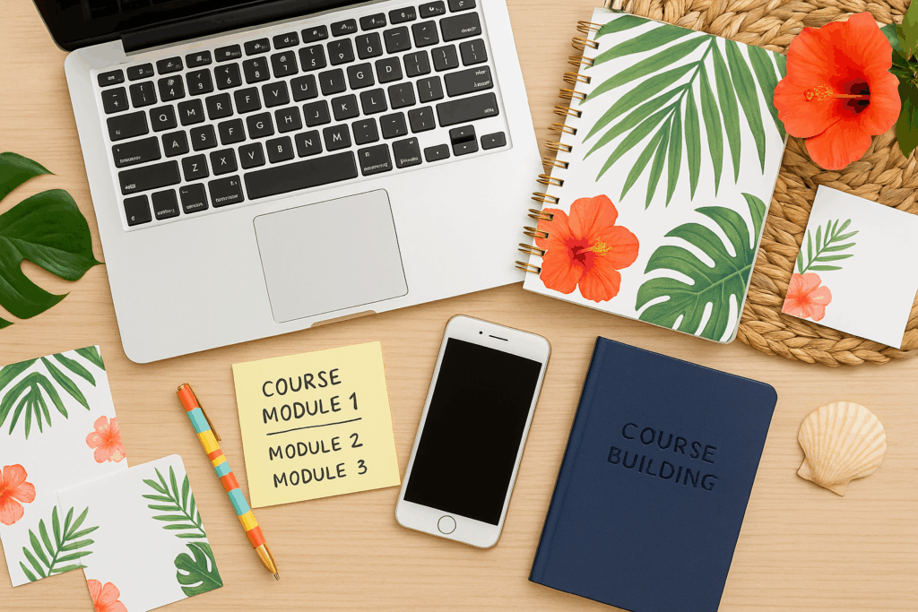 desktop with laptop, notebooks, phone and course content on sticky note